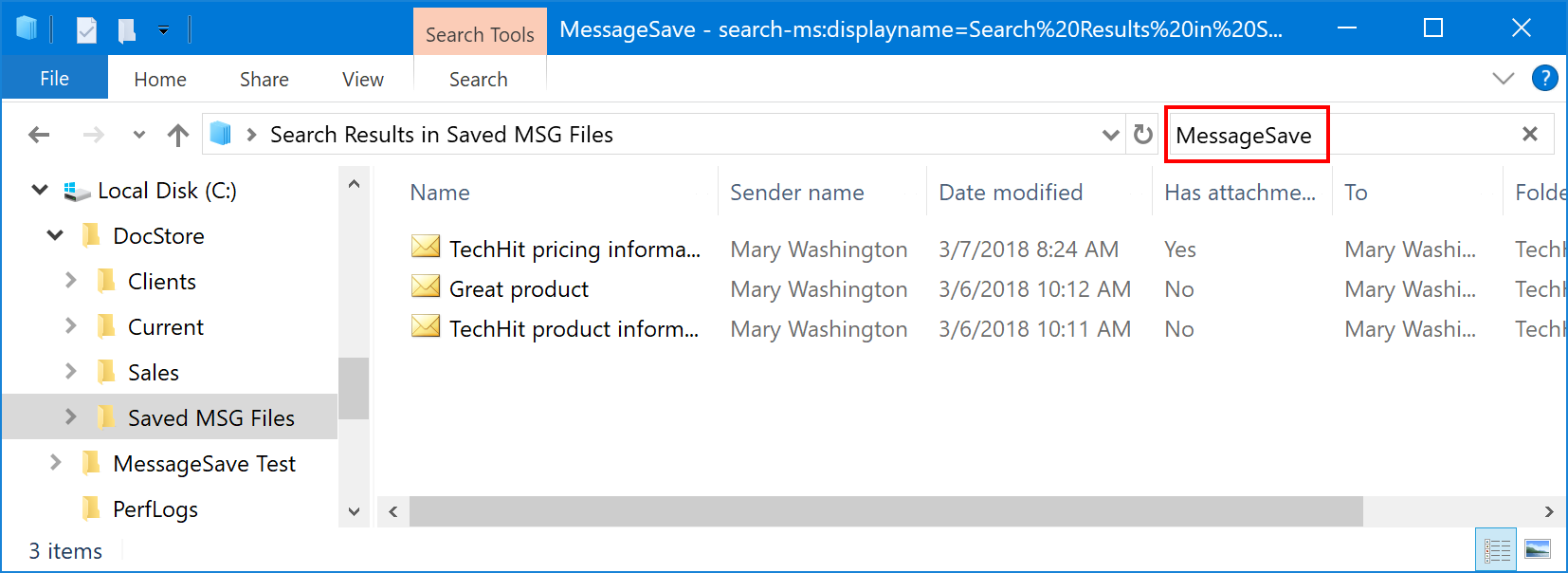Search data into msg file outlook