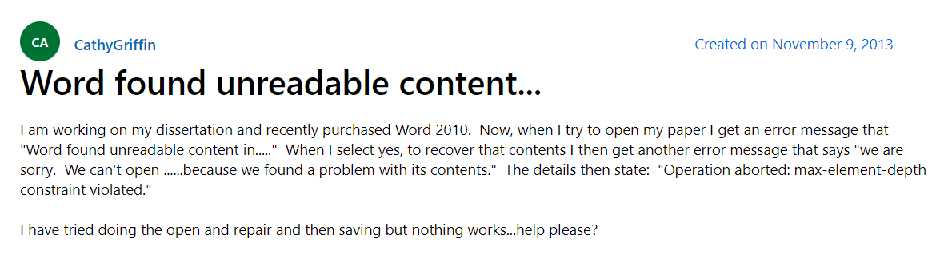 unreadable content in word