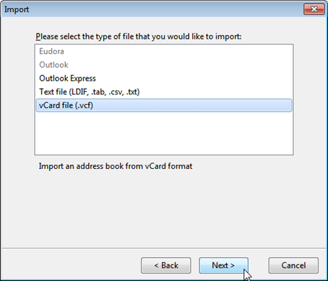 select the vCard file