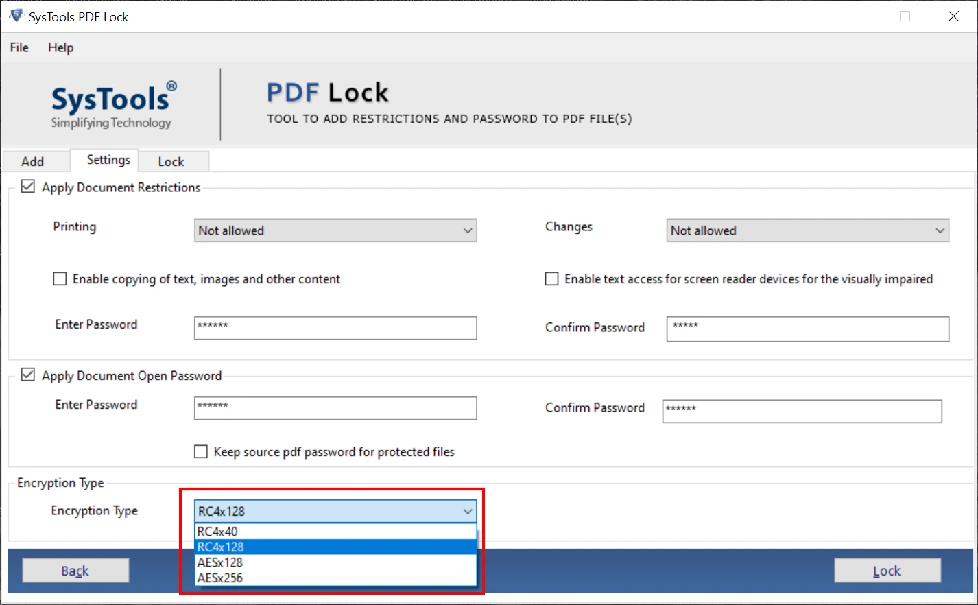 Select the desired PDF encryption type