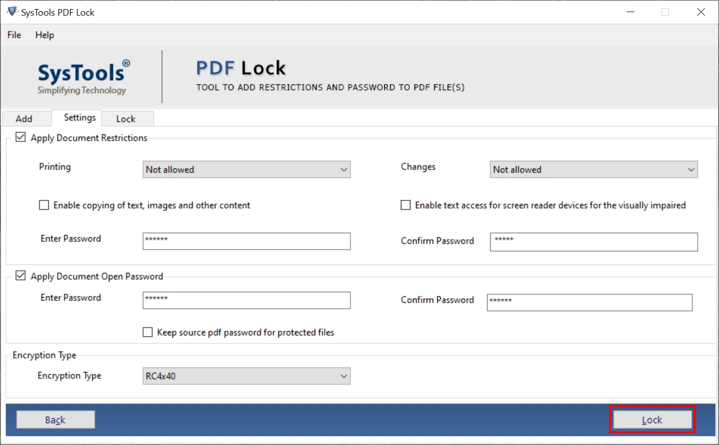 Click the Lock button and lock PDF file with password