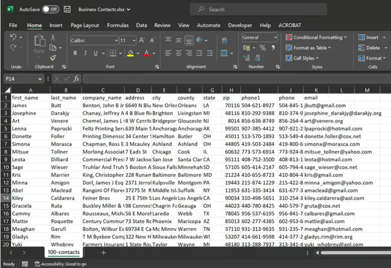 excel contacts