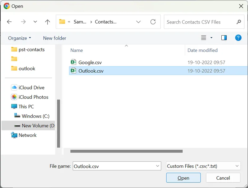 select Outlook CSV file