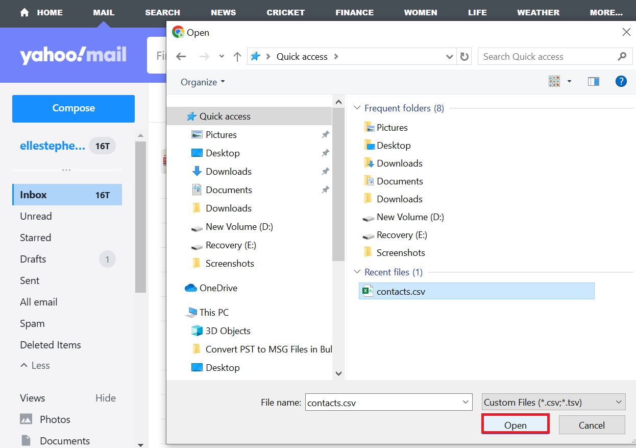 import Outlook contacts to Yahoo mail