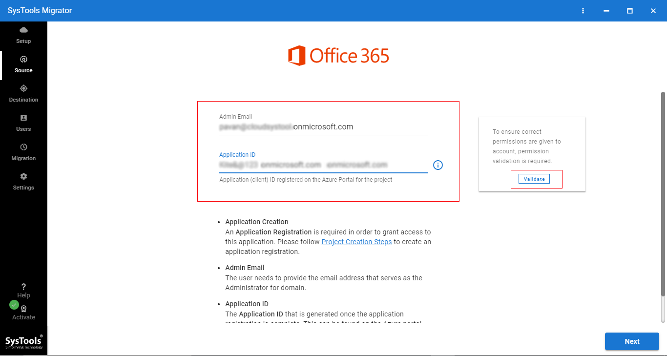 enter office 365 source & destination id