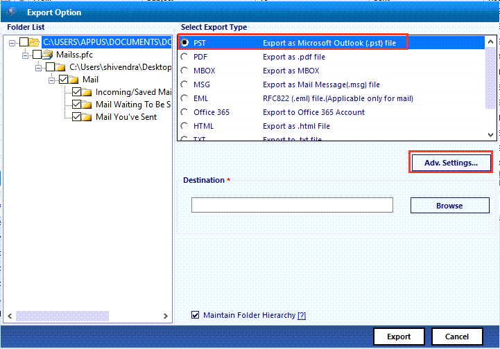 Export PFC File to PST with Attachments